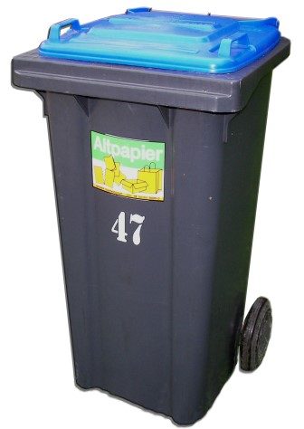 Graue Altpapiertonne mit blauem Deckel und Nummer 47