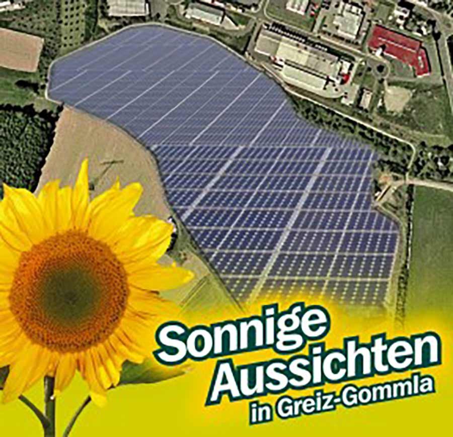Luftaufnahme der Solaranlage auf der Deponie Greiz-Gommla mit Sonnenblume