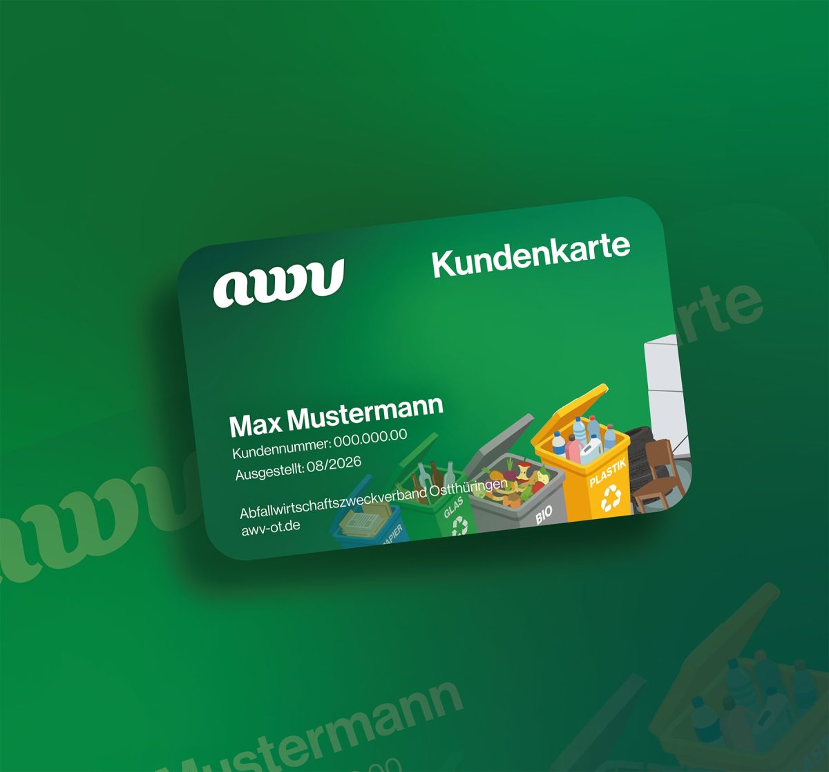 Grüne AWV-Kundenkarte mit Musterdaten und Icons für Papier-, Glas-, Bio- und Plastikmüll