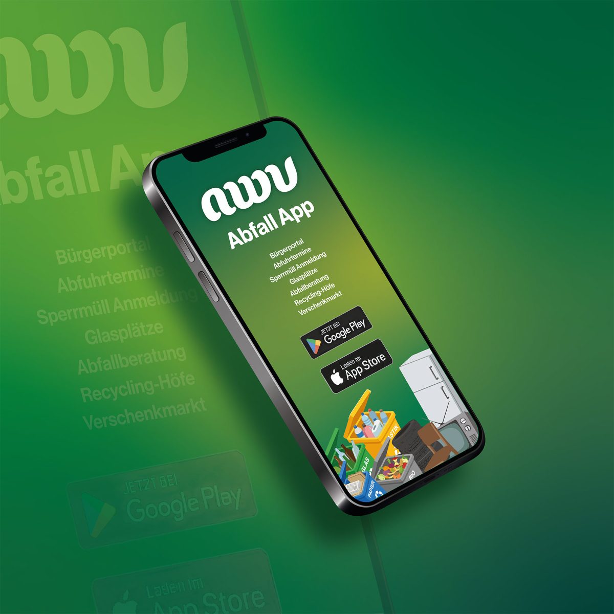 Smartphone zeigt AWV Abfall App mit Funktionsliste und Download-Buttons