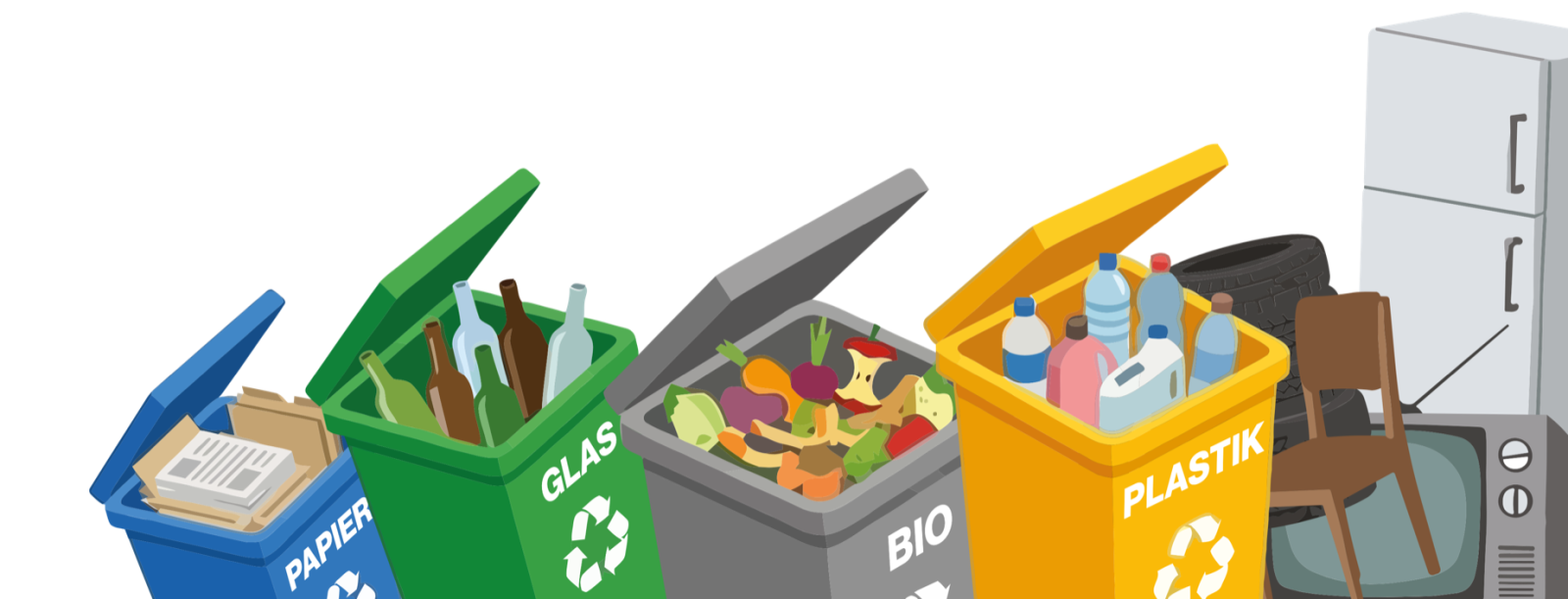 Fünf farbige Mülltonnen für Papier, Glas, Bio und Plastik sowie daneben Sperrmüll wie Reifen, Stuhl, Fernseher und Kühlschrank.