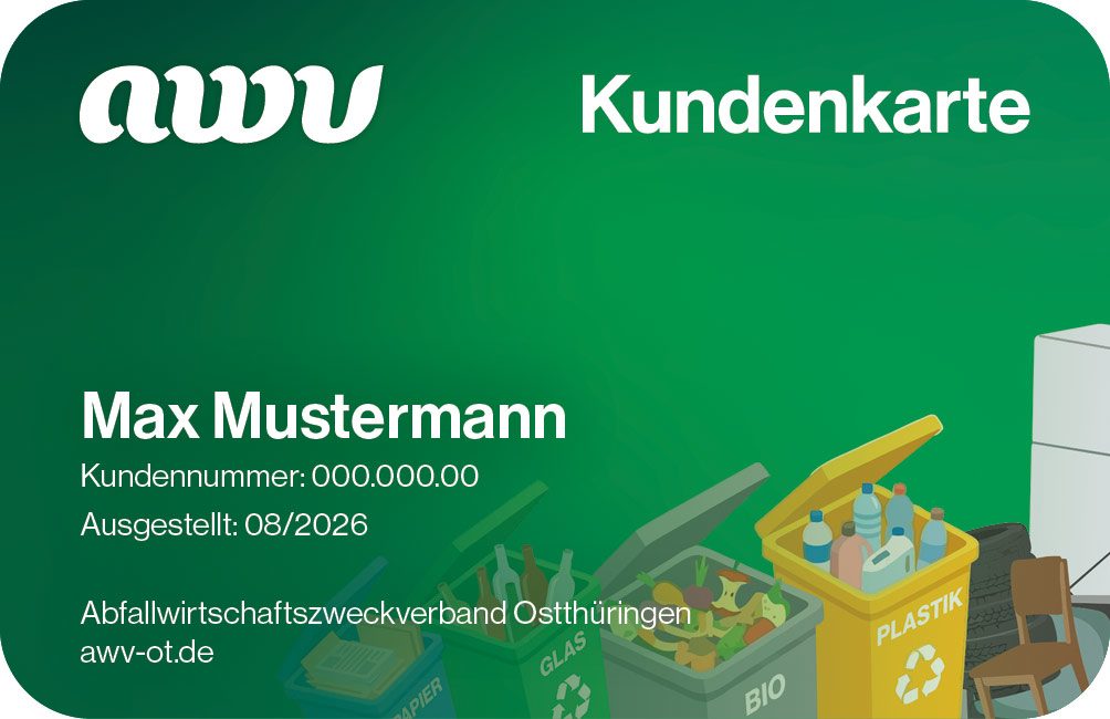AWV Kundenkarte mit Musterdaten und Illustration von Papier-, Glas-, Bio-, Plastiktonne